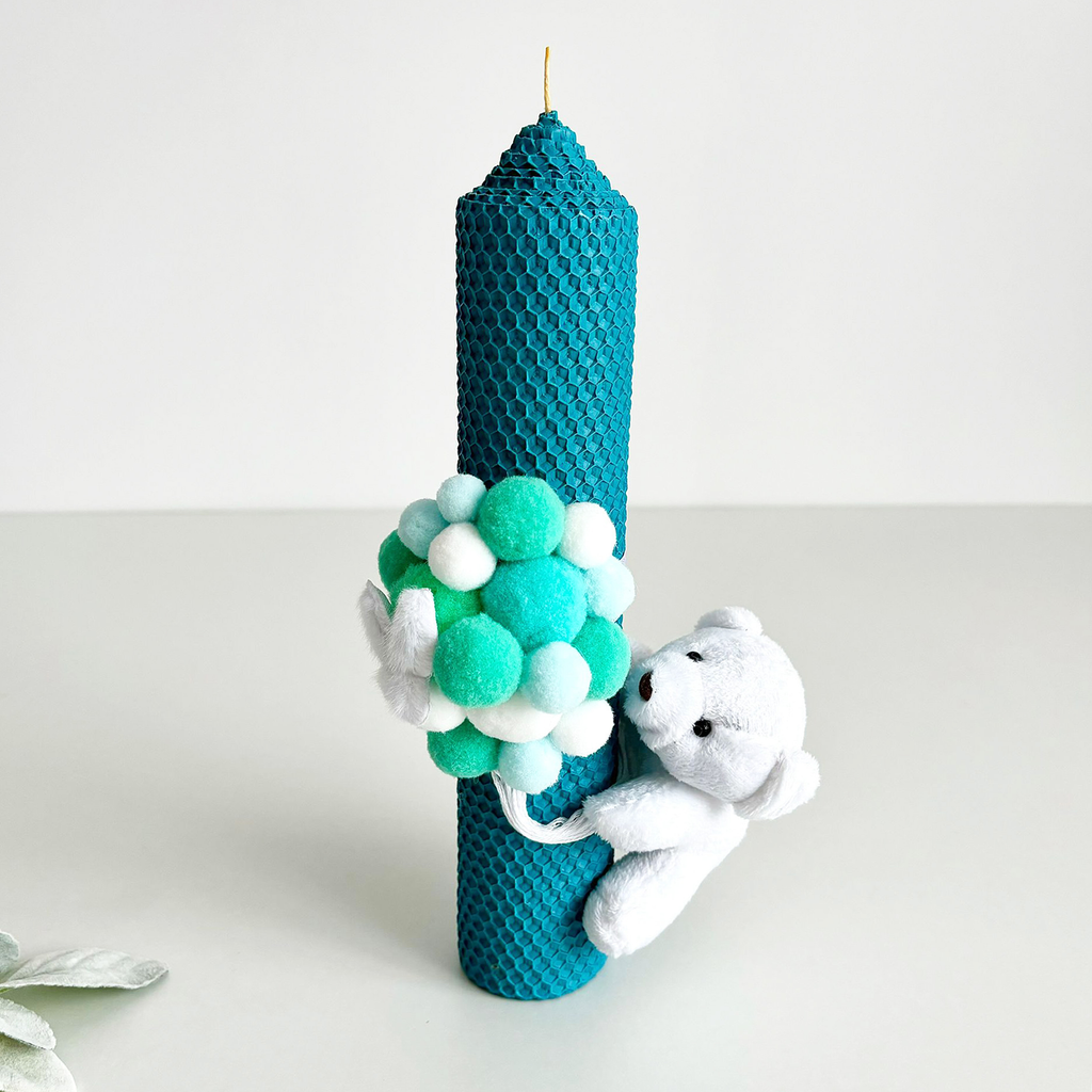 Lumânare de botez din ceară naturală  și biluțe catifelate și ursuleț