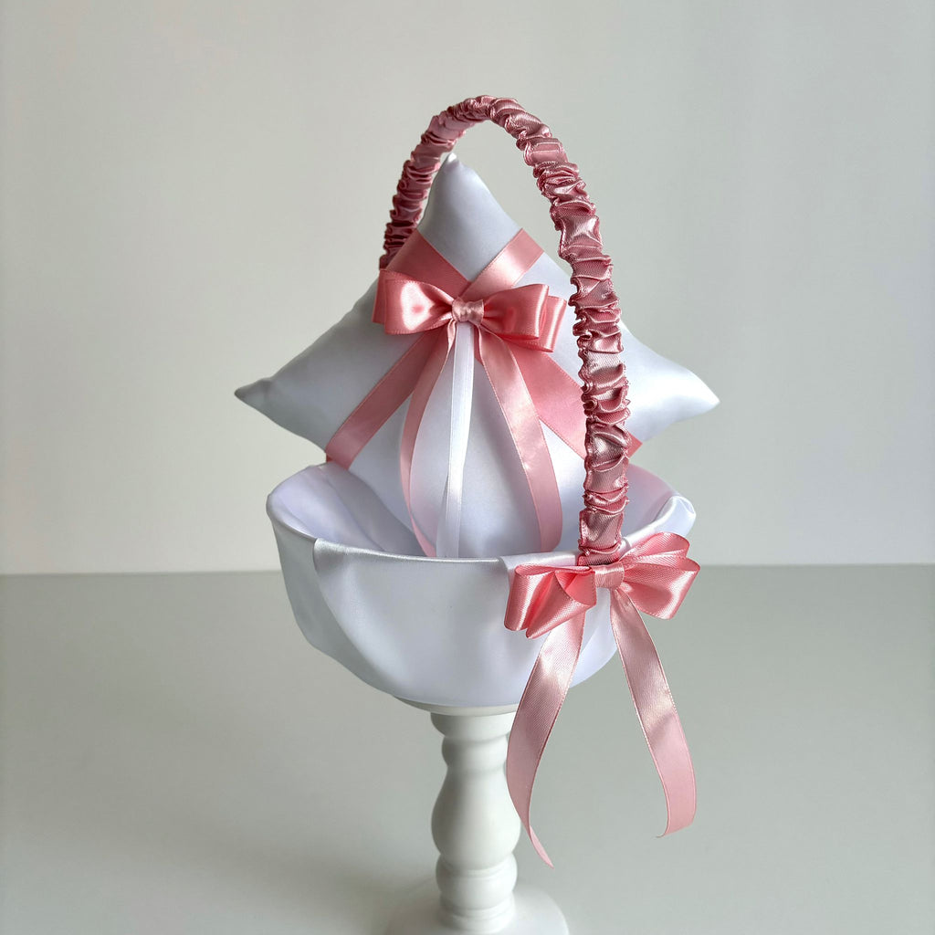 Coșuleț și Pernuță pentru Nuntă cu panglică Roz pudră